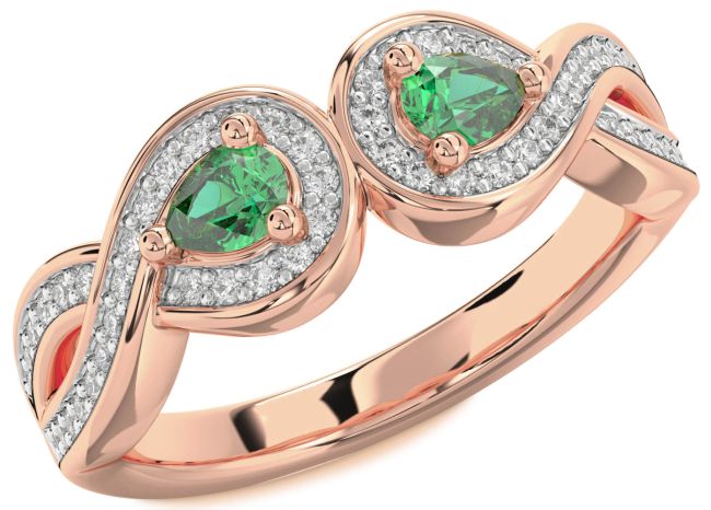 Diamond Emerald Rose Gold Infinity Pear Two Stone Birthstone Ring