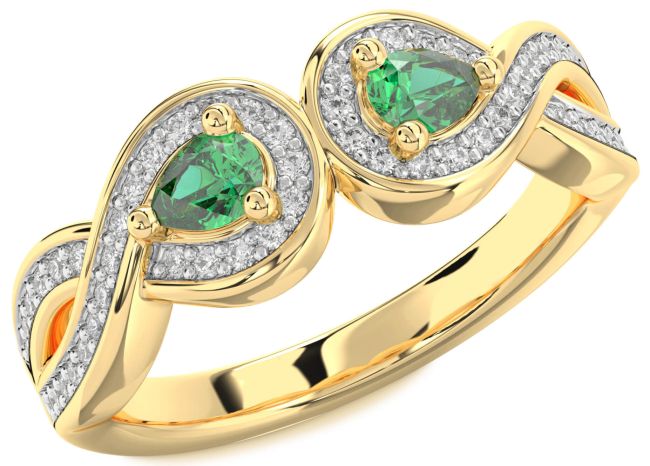 Diamond Emerald Gold Infinity Pear Two Stone Birthstone Ring