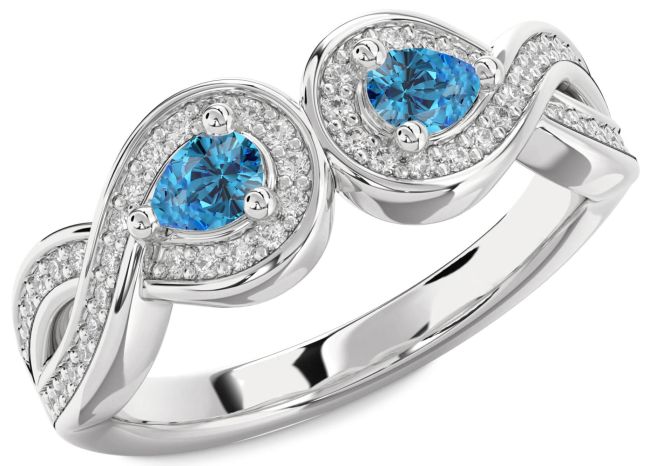 Blue Diamond Silver Infinity Pear Two Stone Ring