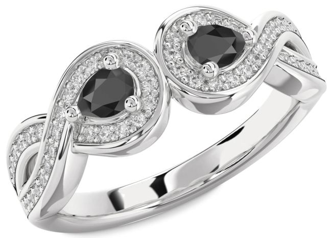 Diamond Black Onyx Silver Infinity Pear Two Stone Ring