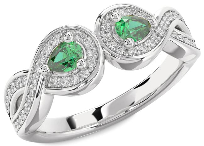 Diamond Emerald Silver Infinity Pear Two Stone Birthstone Ring