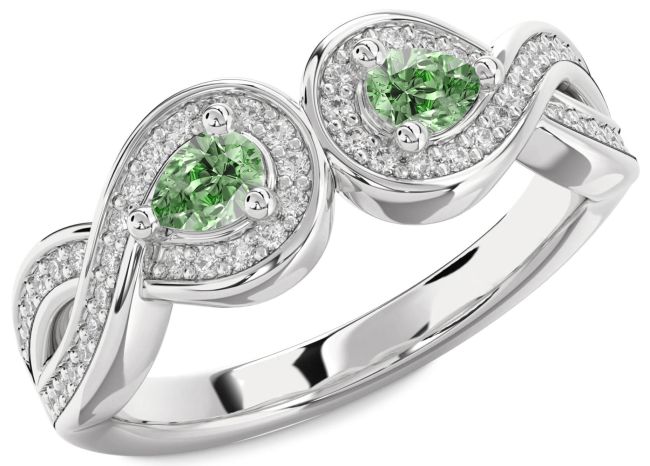 Green Diamond Silver Infinity Pear Two Stone Ring
