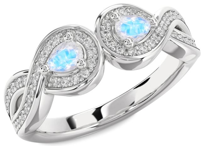 Diamond Moonstone Silver Infinity Pear Two Stone Ring