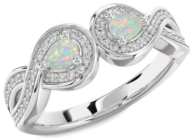 Diamond Opal Silver Infinity Pear Two Stone Birthstone Ring