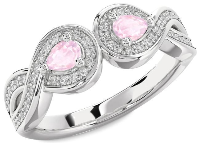 Diamond Rose Quartz Silver Infinity Pear Two Stone Ring