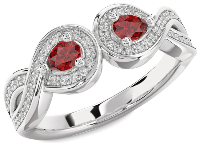 Diamond Ruby Silver Infinity Pear Two Stone Birthstone Ring