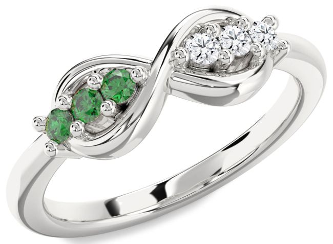 Diamond & Emerald Silver Infinity Round Promise Ring
