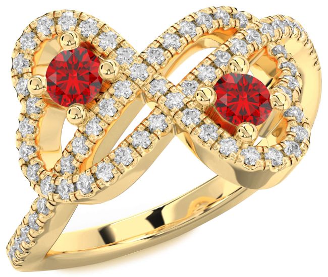Diamond Ruby Gold Infinity Heart Two Stone Pave Birthstone Ring