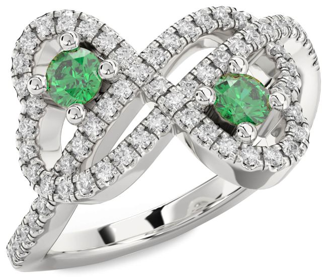 Diamond Emerald Silver Infinity Heart Two Stone Pave Birthstone Ring