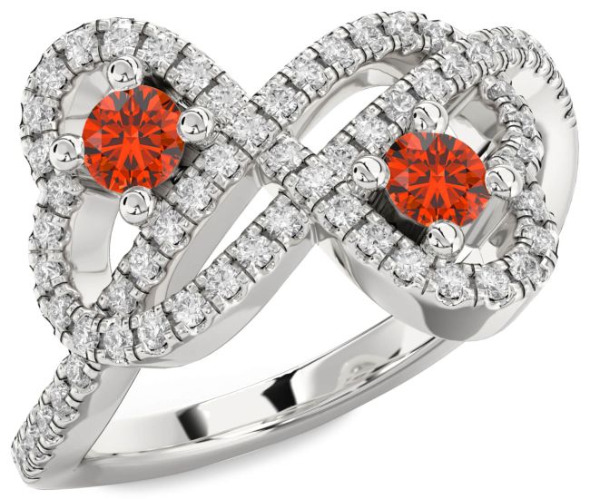 Diamond Fire Opal Silver Infinity Heart Two Stone Pave Ring