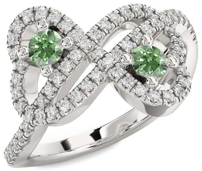 Green Diamond Silver Infinity Heart Two Stone Pave Ring