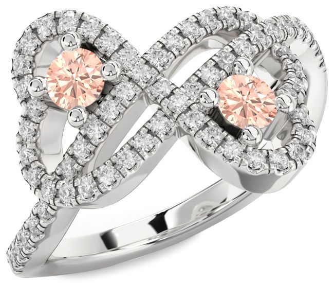 Diamond Morganite Silver Infinity Heart Two Stone Pave Ring