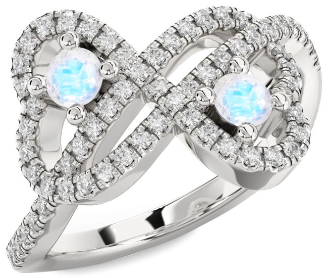 Diamond Moonstone Silver Infinity Heart Two Stone Pave Ring