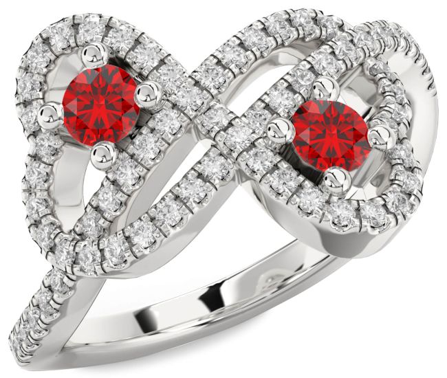Diamond Ruby Silver Infinity Heart Two Stone Pave Birthstone Ring