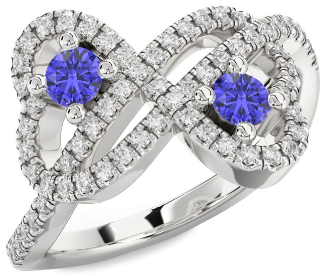 Diamond Tanzanite Silver Infinity Heart Two Stone Pave Ring