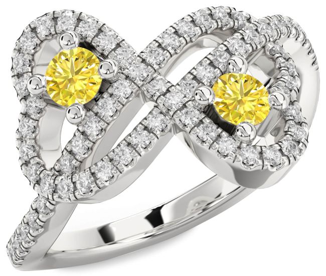 Yellow Diamond Silver Infinity Heart Two Stone Pave Ring