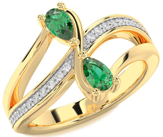 Diamond Emerald Gold Pear Two Stone Birthstone Ring