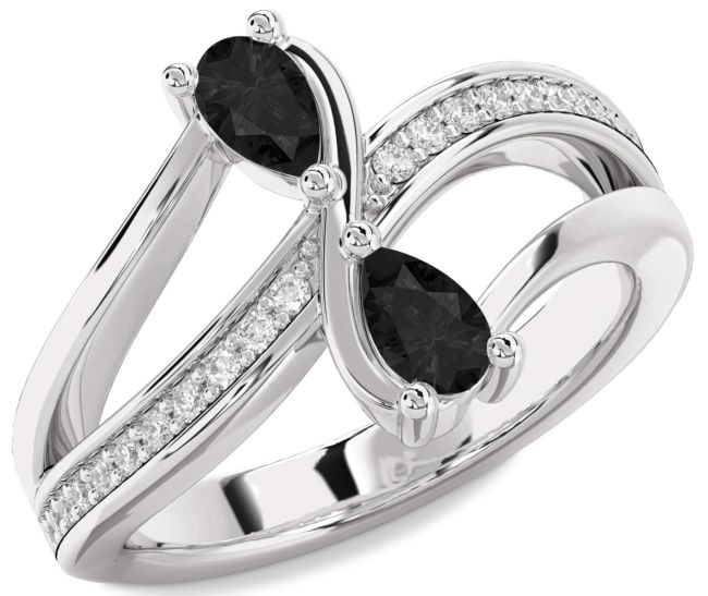 Black Diamond Silver Pear Two Stone Ring