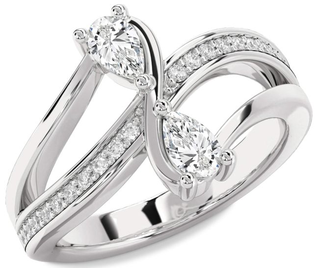 Diamond Silver Pear Two Stone Ring
