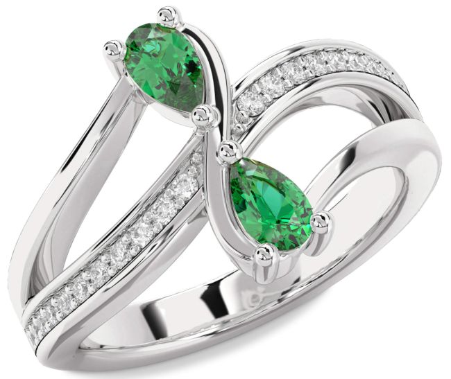 Diamond Emerald Silver Pear Two Stone Birthstone Ring