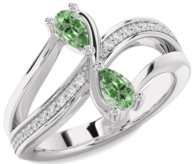 Green Diamond Silver Pear Two Stone Ring