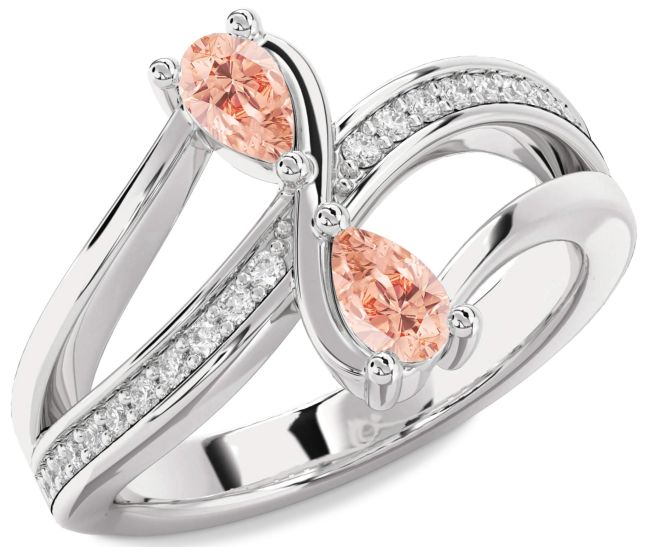 Diamond Morganite Silver Pear Two Stone Ring