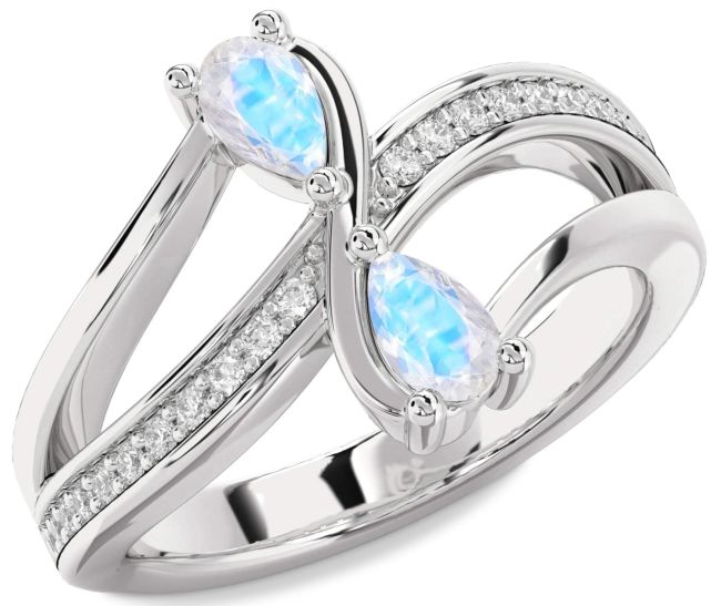 Diamond Moonstone Silver Pear Two Stone Ring