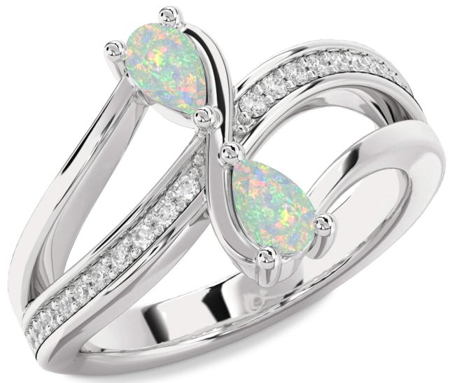 Diamond Opal Silver Pear Two Stone Birthstone Ring