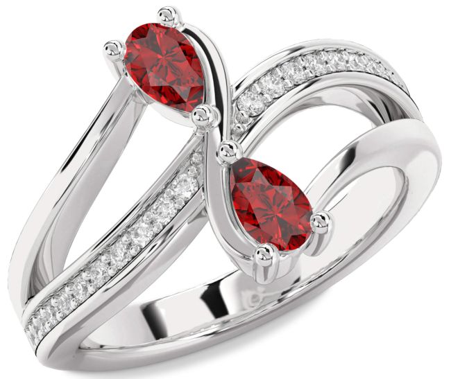 Diamond Ruby Silver Pear Two Stone Birthstone Ring