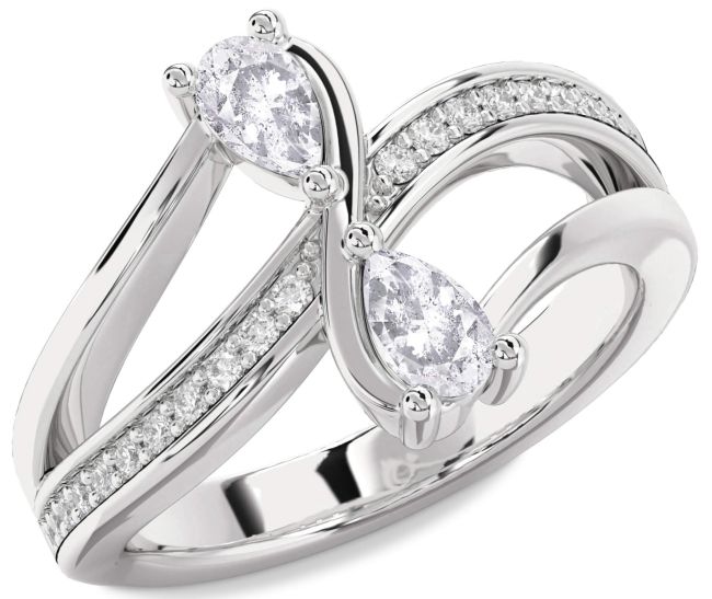 Salt & Pepper Diamond Silver Pear Two Stone Ring