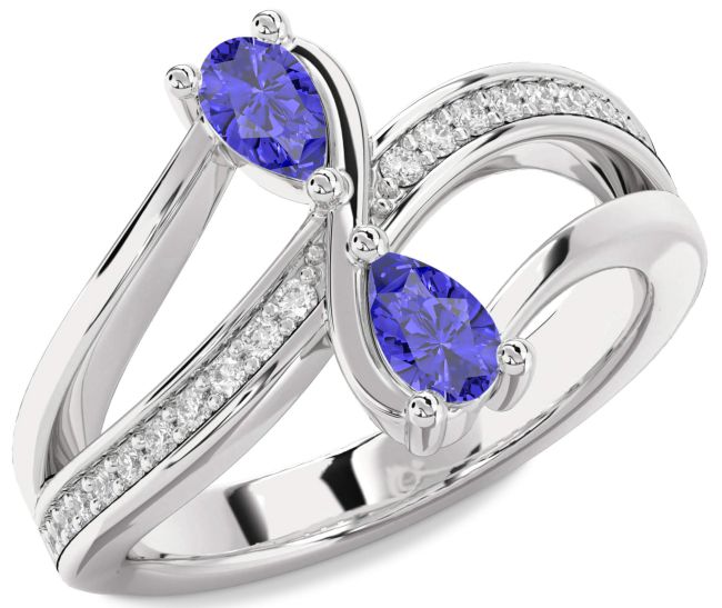 Diamond Tanzanite Silver Pear Two Stone Ring