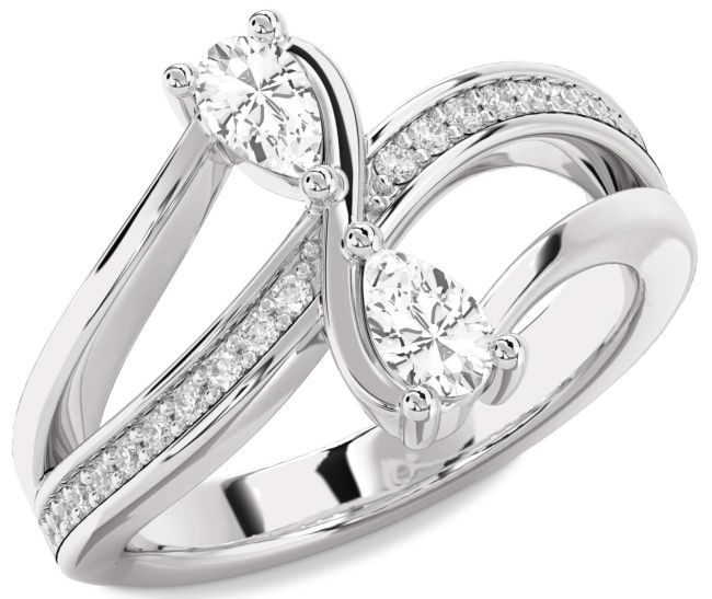 Diamond White Sapphire Silver Pear Two Stone Ring