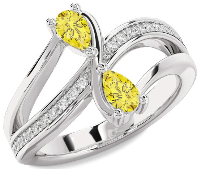 Yellow Diamond Silver Pear Two Stone Ring