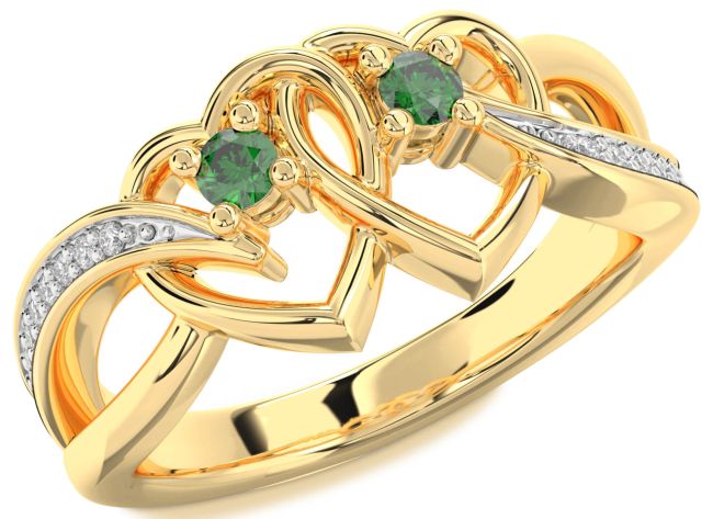 Diamond Emerald Gold Silver Heart Two Stone Birthstone Ring