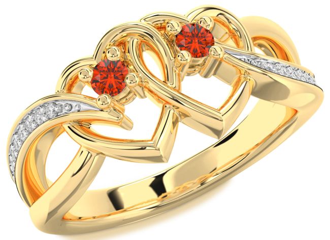 Diamond Fire Opal Gold Heart Two Stone Ring