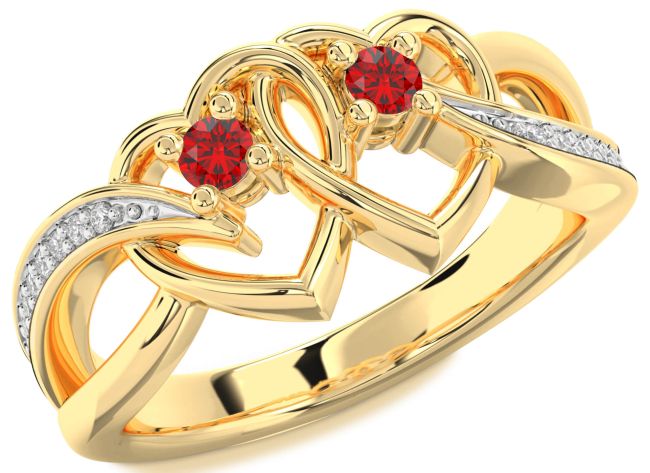 Diamond Ruby Gold Heart Two Stone Birthstone Ring