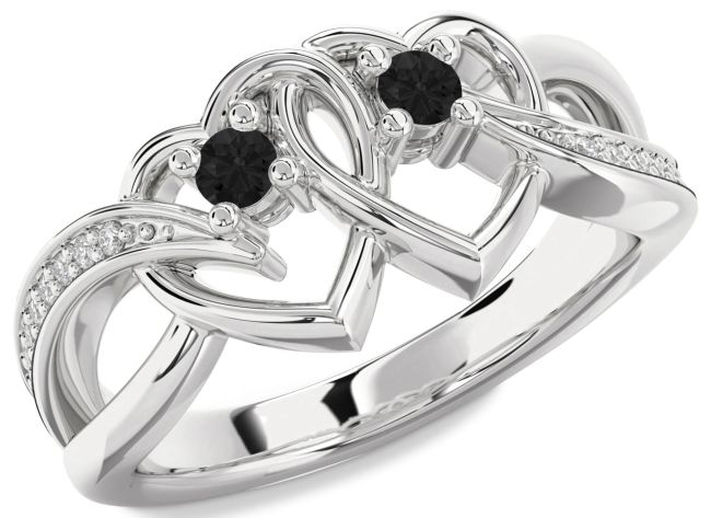 Black Diamond Platinum Heart Two Stone Ring