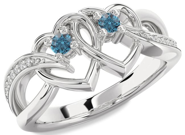 Blue Diamond Platinum Heart Two Stone Ring