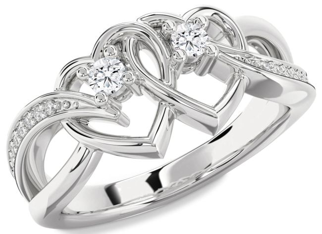 Diamond Silver Heart Two Stone Ring