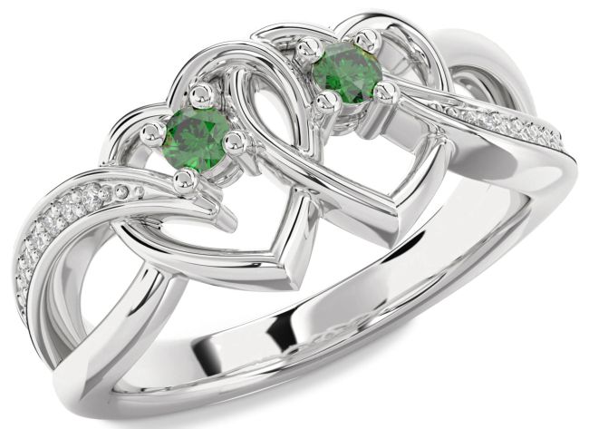 Diamond Emerald Silver Heart Two Stone Birthstone Ring
