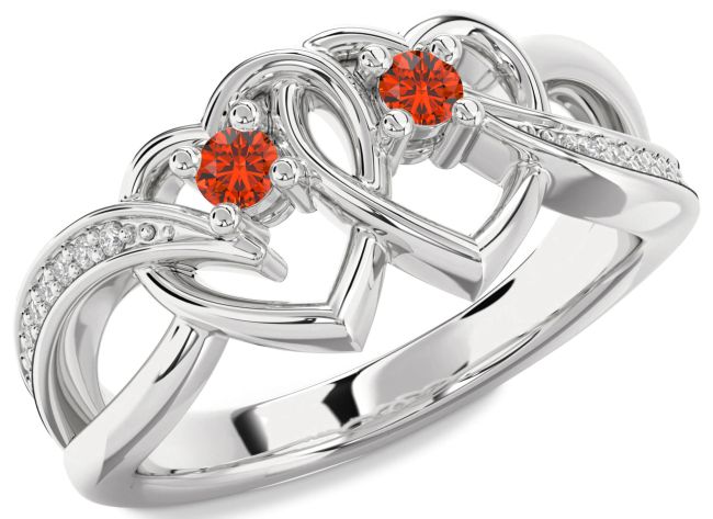Diamond Fire Opal Platinum Heart Two Stone Ring