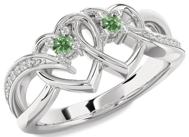 Green Diamond Silver Heart Two Stone Ring