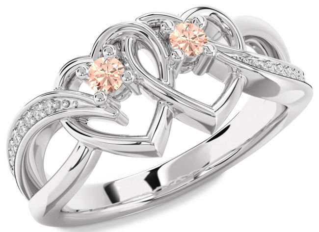 Diamond Morganite Silver Heart Two Stone Ring