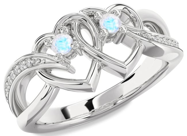 Diamond Moonstone Silver Heart Two Stone Ring