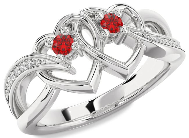 Diamond Ruby Silver Heart Two Stone Birthstone Ring