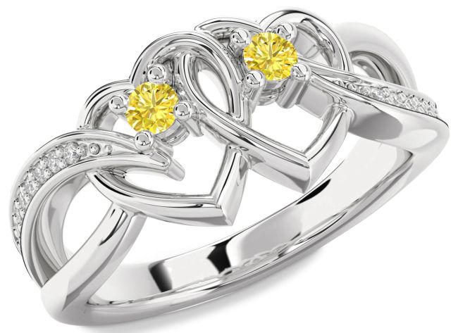 Yellow Diamond Silver Heart Two Stone Ring