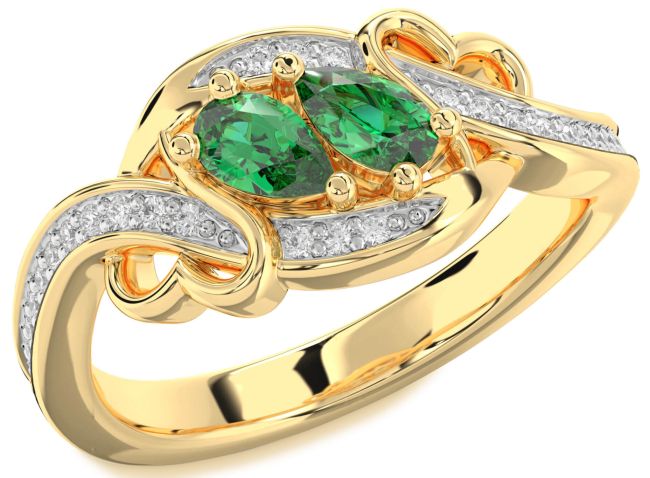 Diamond Emerald Gold Heart Two Stone Birthstone Ring