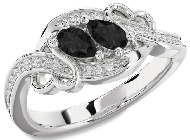 Black Diamond Silver Heart Two Stone Ring