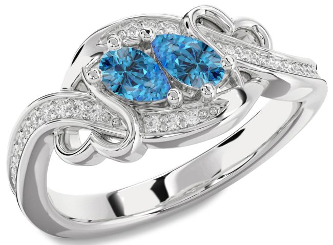 Blue Diamond Silver Heart Two Stone Ring