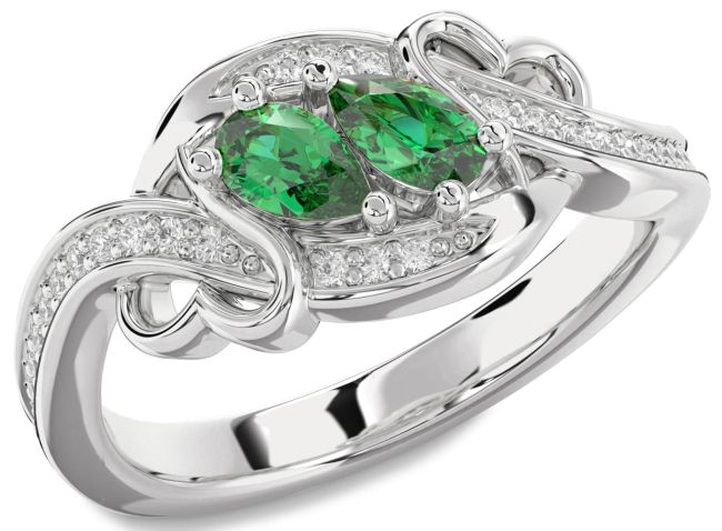 Diamond Emerald Silver Heart Two Stone Birthstone Ring